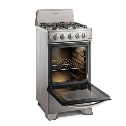 Estufa de gas silver Frigidaire, vista frontal con horno abierto, ideal para comprar estufa de gas silver en Honduras.