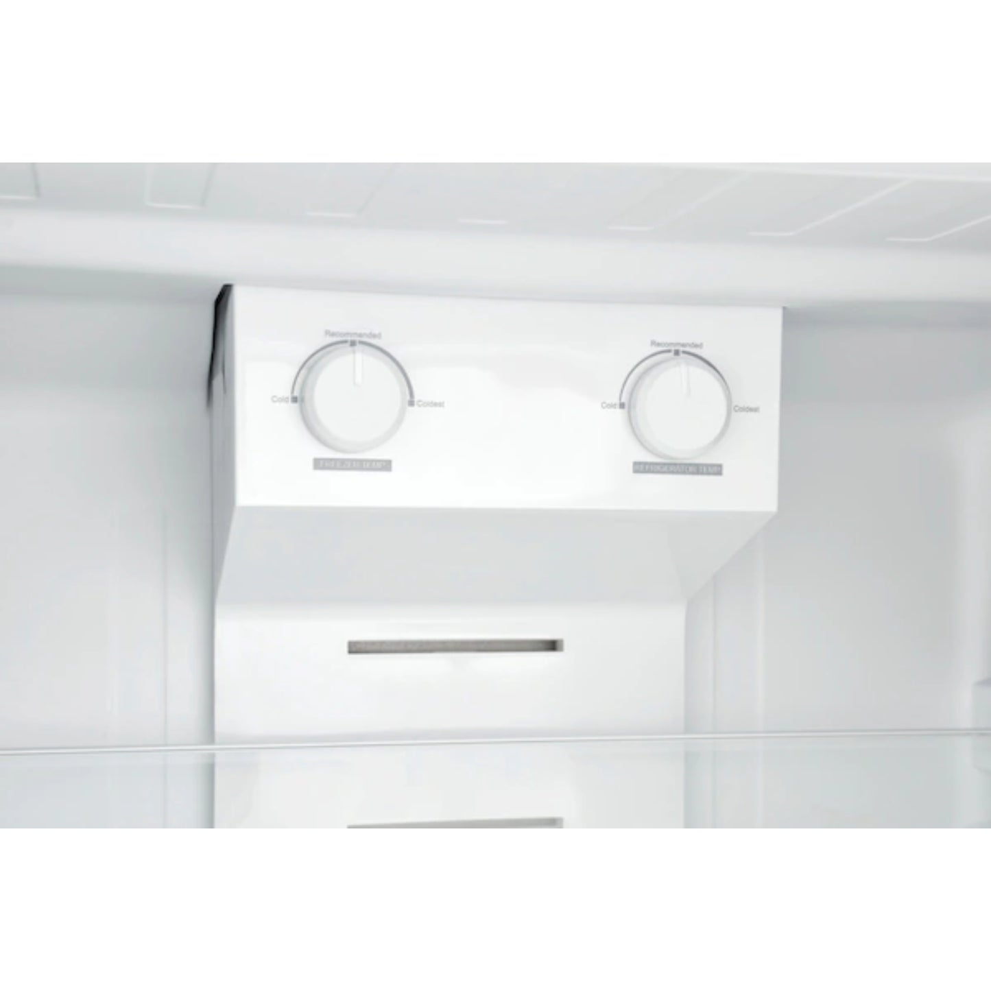 Interior del refrigerador Frigidaire con controles de temperatura, ideal para comprar refrigerador Frigidaire en Honduras