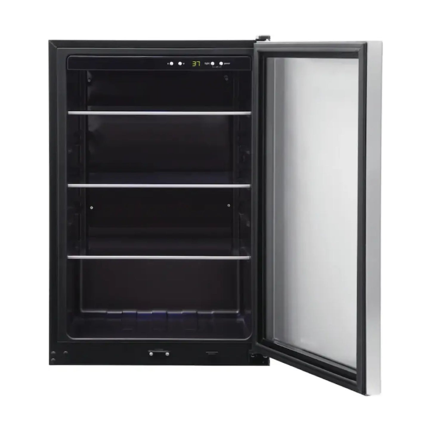 Enfriador negro Frigidaire, vista frontal, puertas abiertas y estantes interiores