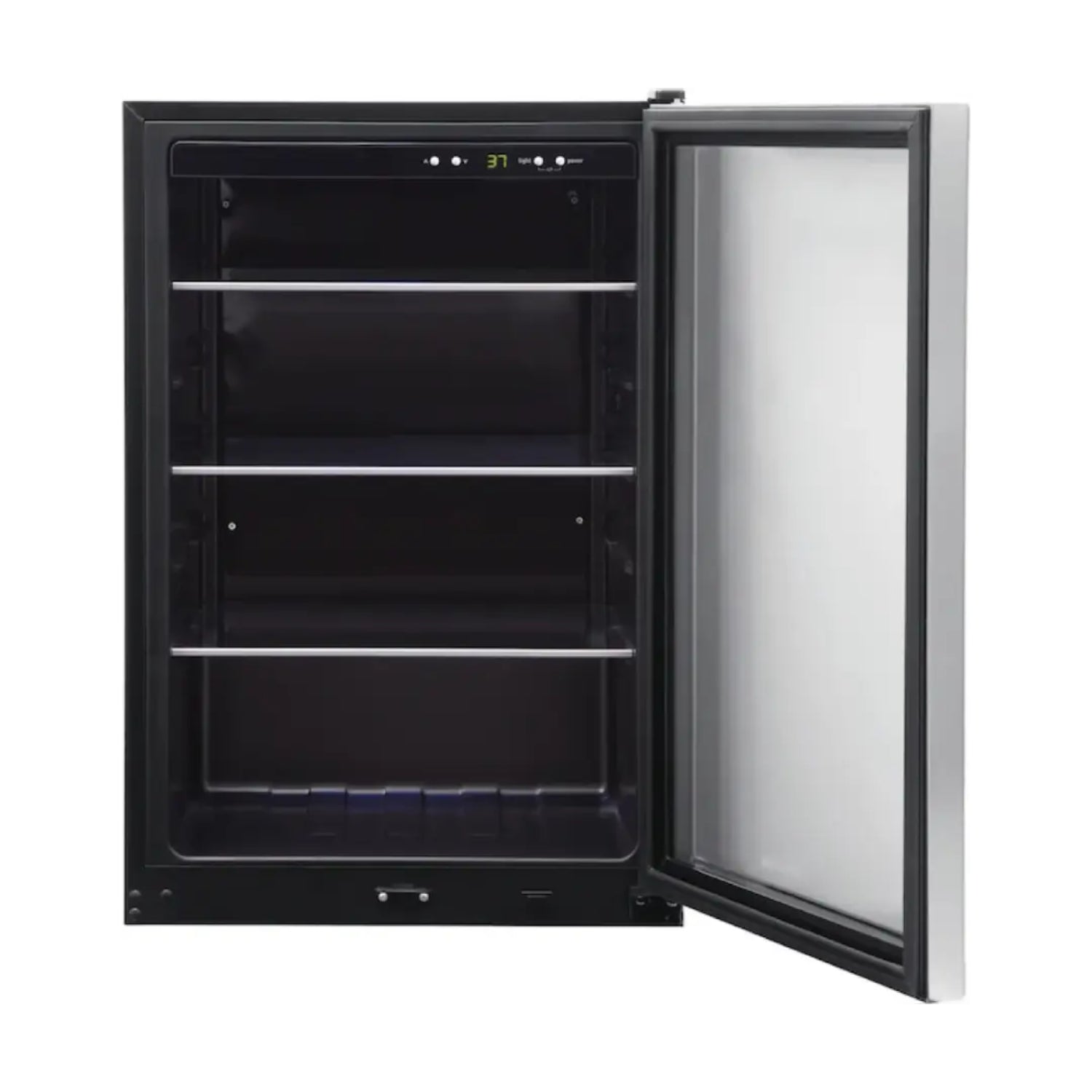 Enfriador negro Frigidaire, vista frontal, puertas abiertas y estantes interiores