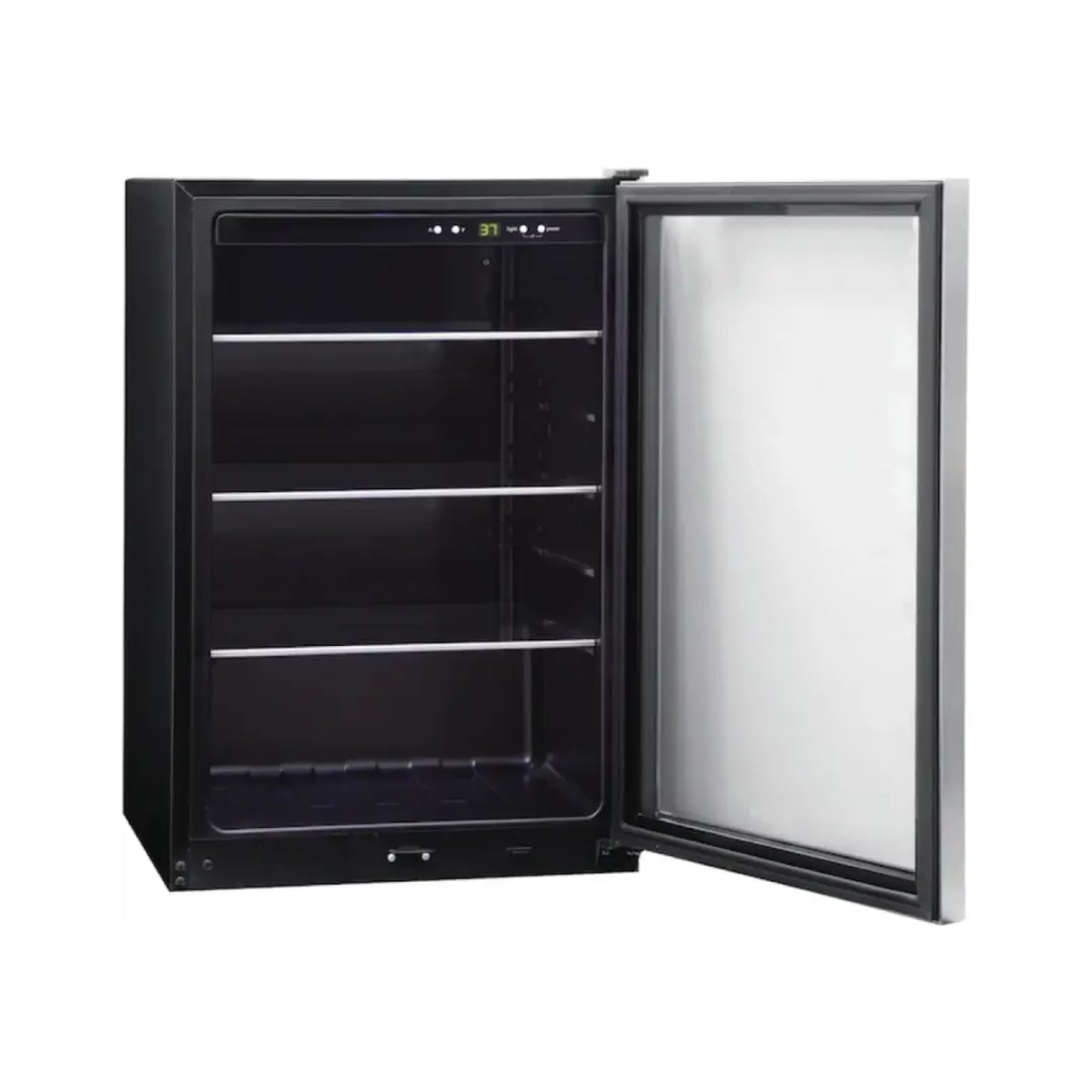 enfriador negro Frigidaire con puerta de vidrio y estantes internos