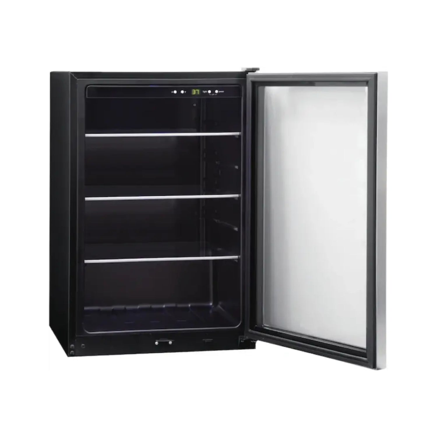 enfriador negro Frigidaire con puerta de vidrio y estantes internos