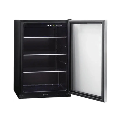 enfriador negro Frigidaire con puerta de vidrio y estantes internos
