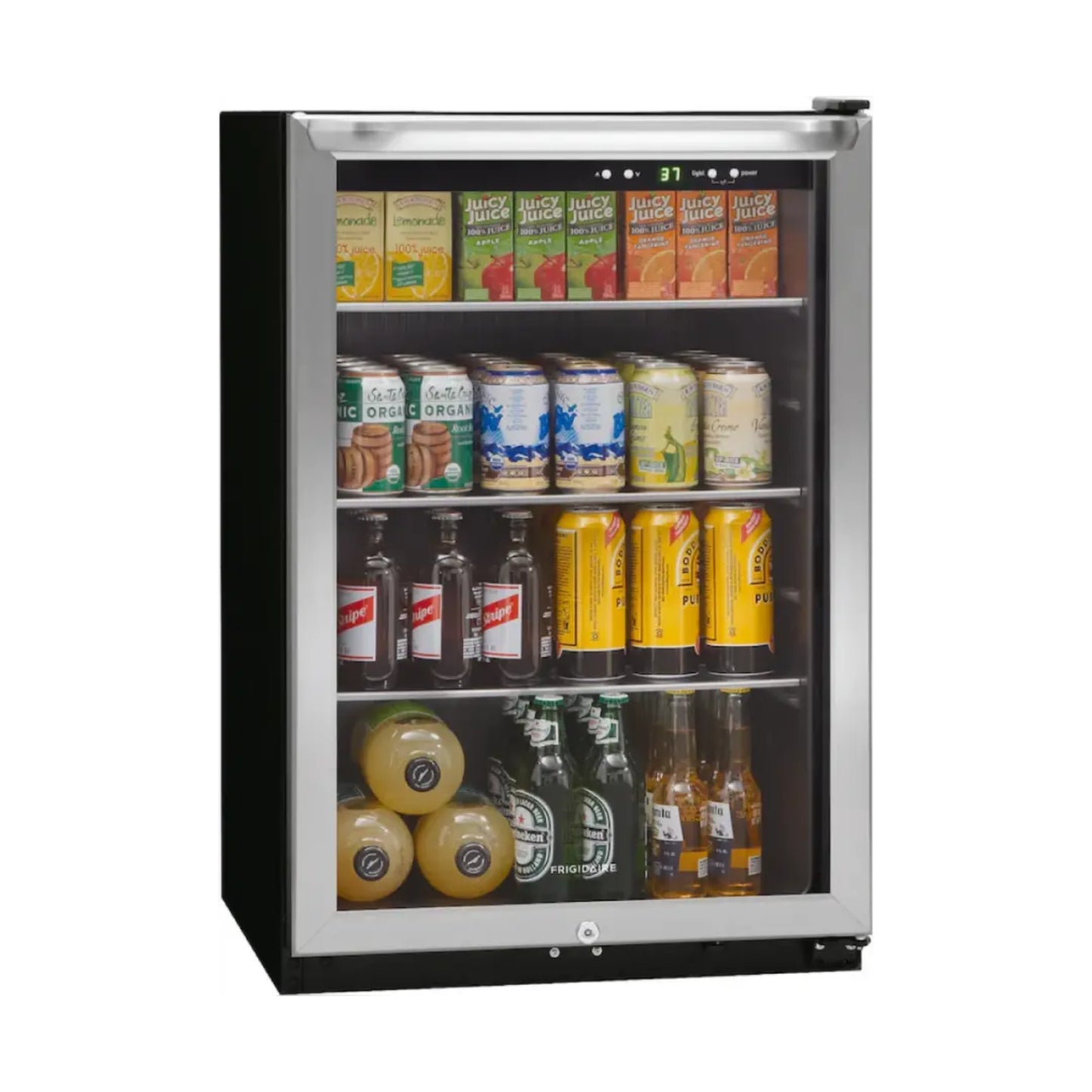 Enfriador negro con puertas de vidrio, bebidas variadas en estantes