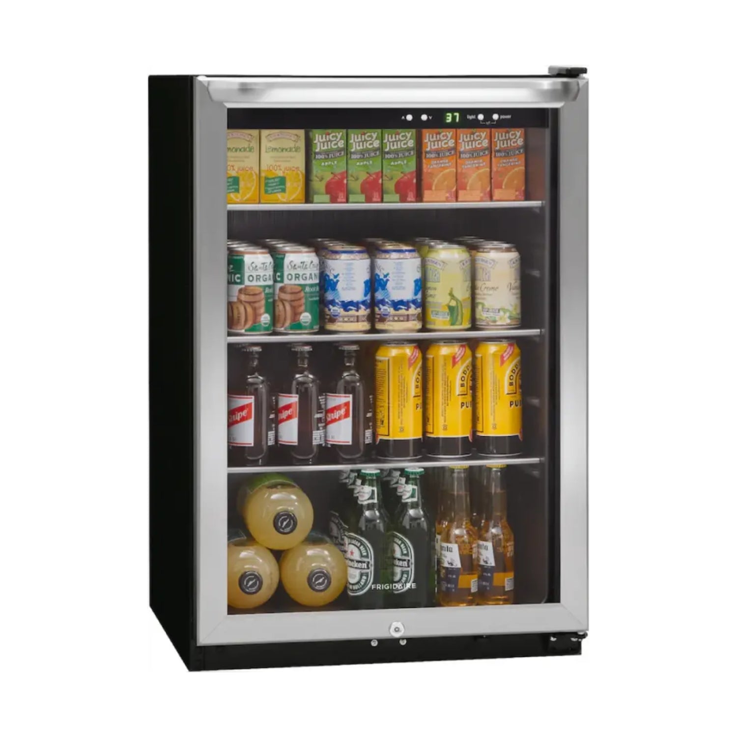 Enfriador negro con puertas de vidrio, bebidas variadas en estantes