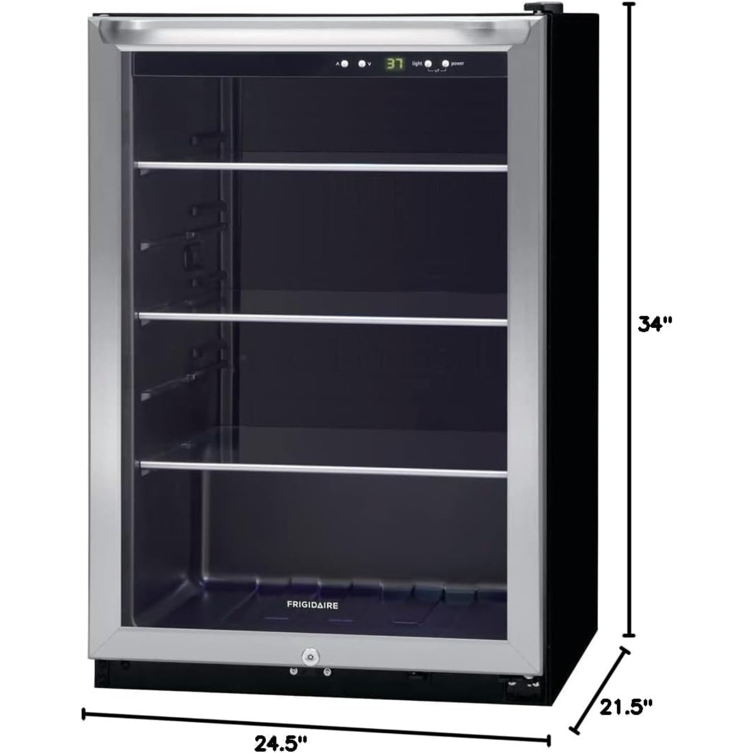 Enfriador Frigidaire de acero inoxidable, vista frontal con estantes, cocina moderna