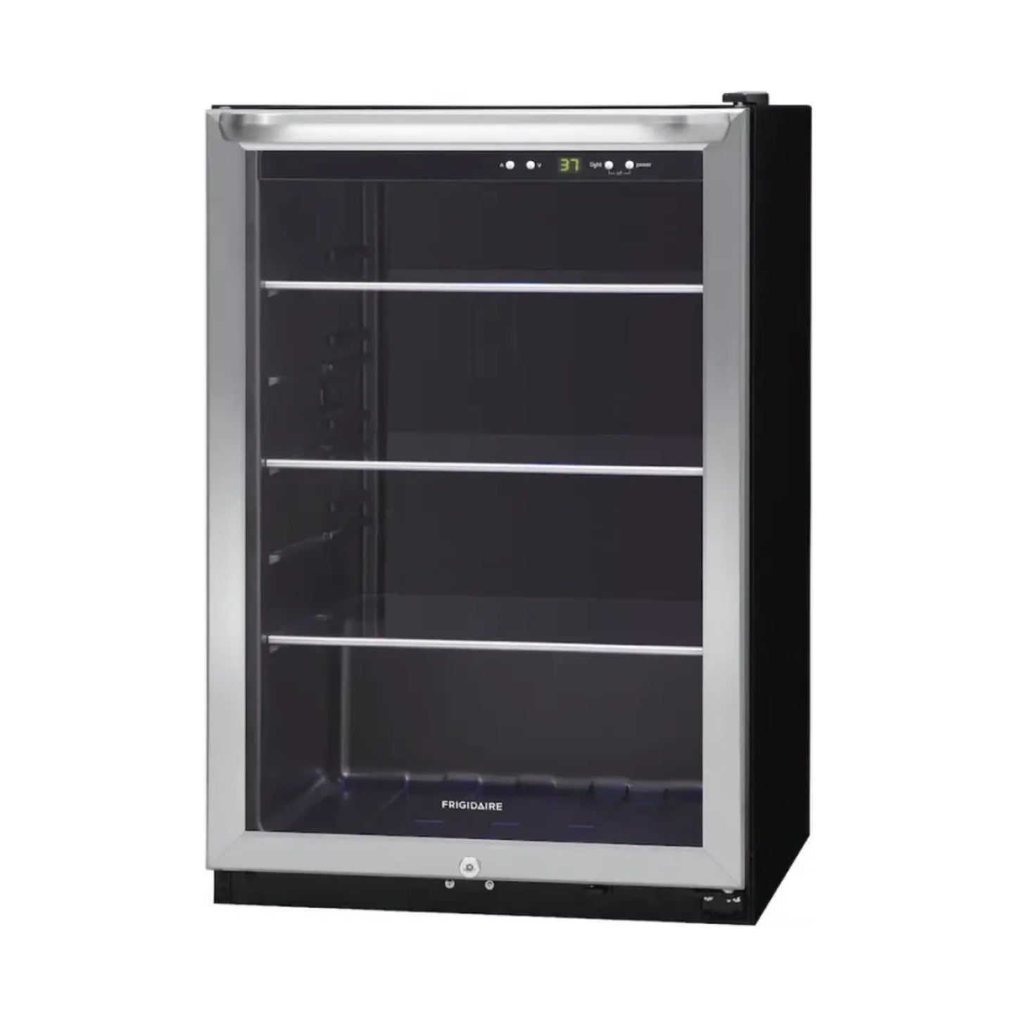 Enfriador Frigidaire negro con puertas de vidrio y estantes internos