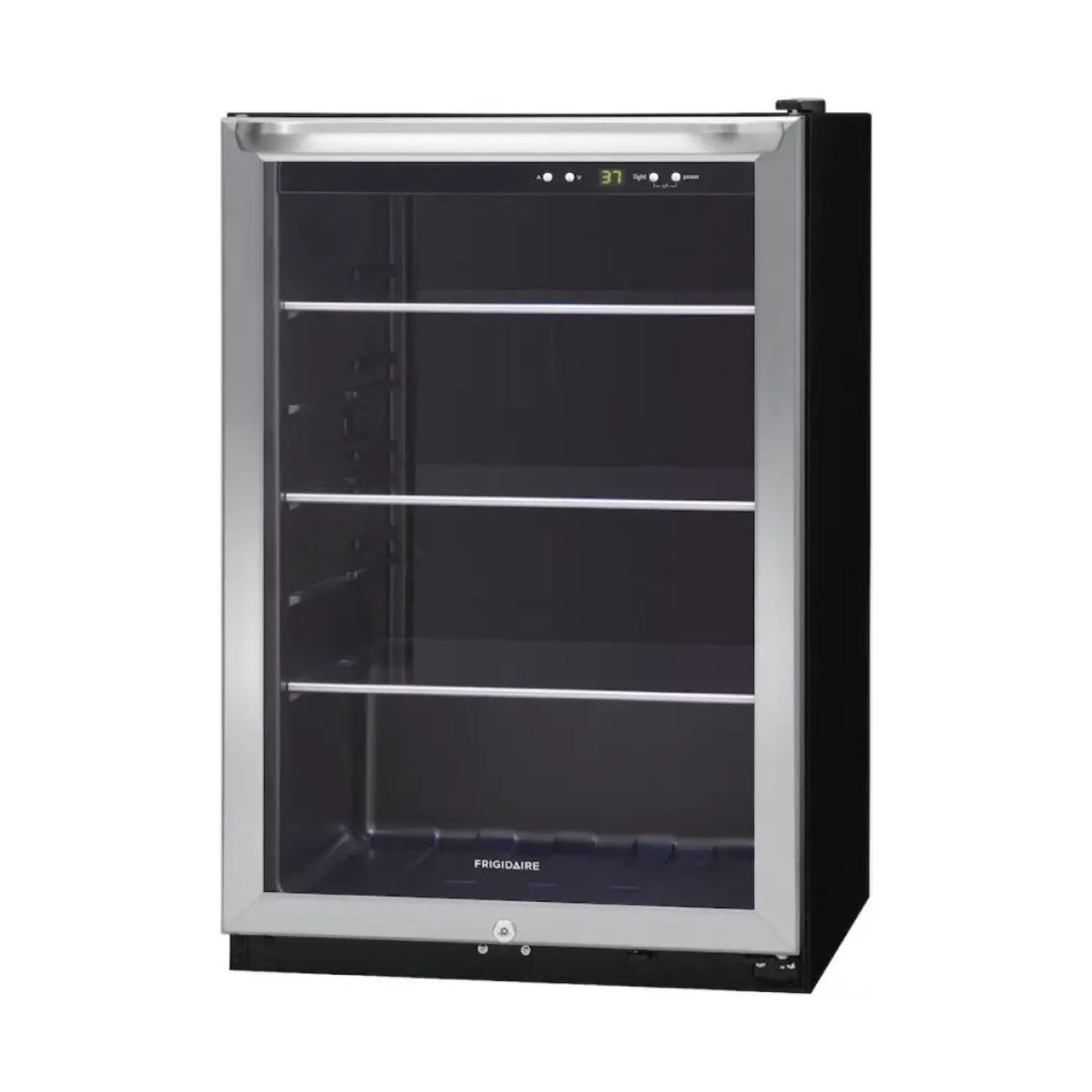 Enfriador Frigidaire negro con puertas de vidrio y estantes internos