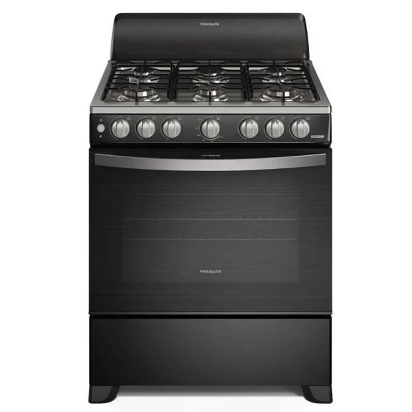Estufa a gas Frigidaire 30 pulgadas en color negro con controles iluminados y quemadores de alta potencia
