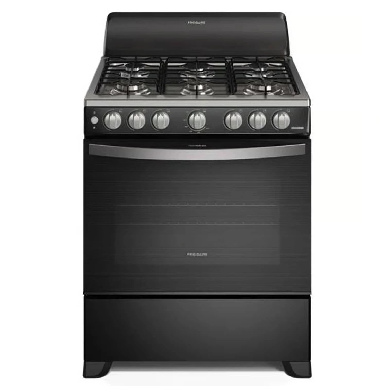 Estufa a gas Frigidaire 30 pulgadas en color negro con controles iluminados y quemadores de alta potencia