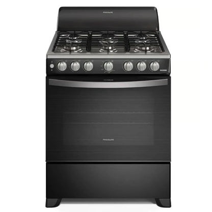 Estufa a gas Frigidaire 30 pulgadas en color negro con controles iluminados y quemadores de alta potencia