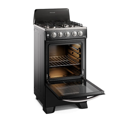 Estufa a gas Frigidaire 4 quemadores negra, vista frontal con horno abierto