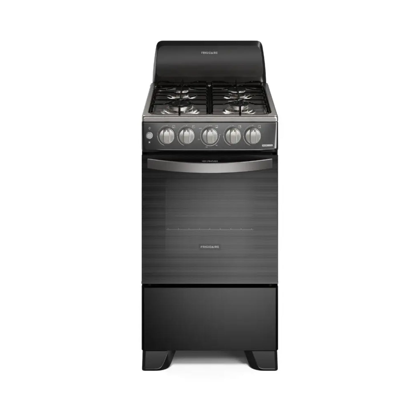 Estufa a gas Frigidaire 4 quemadores negra, vista frontal en cocina moderna
