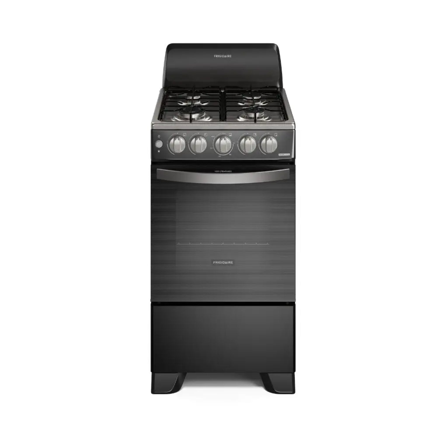 Estufa a gas Frigidaire 4 quemadores negra, vista frontal en cocina moderna