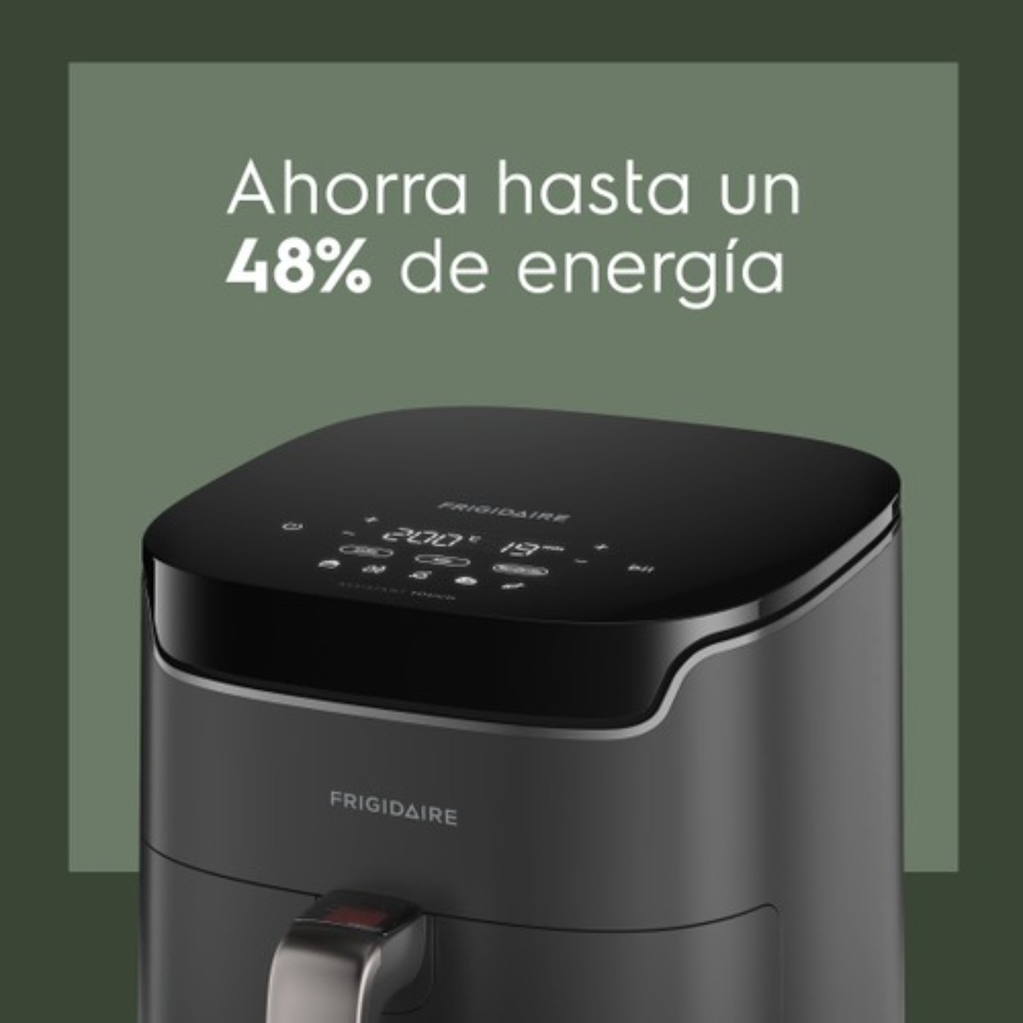 freidora de aire negra FAF45 vista superior, ahorra energía, diseño moderno