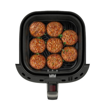 freidora de aire negra FAF45, vista superior con hamburguesas cocinándose