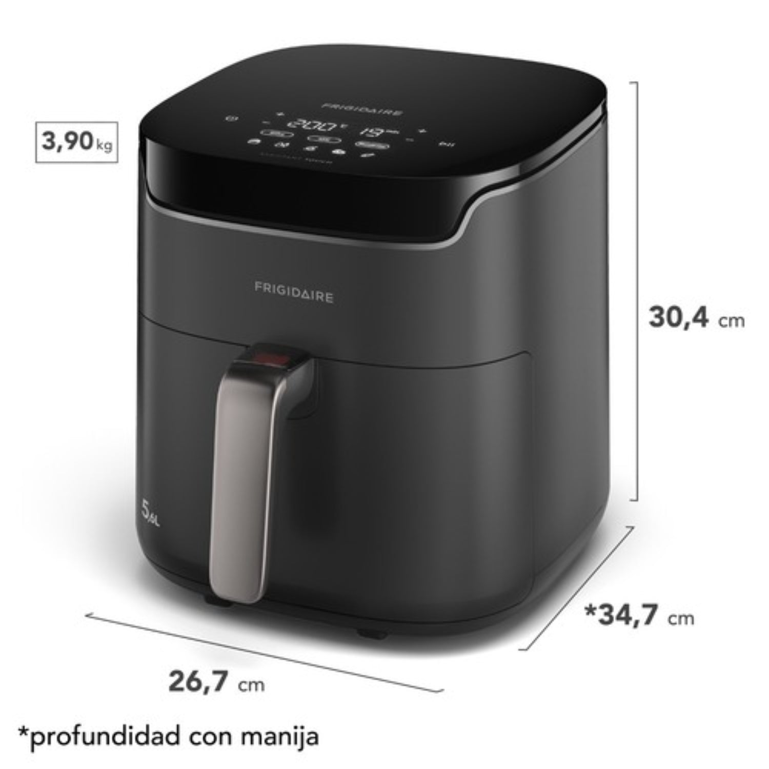 Freidora de aire negra FAF45, frontal, medidas y diseño compactos