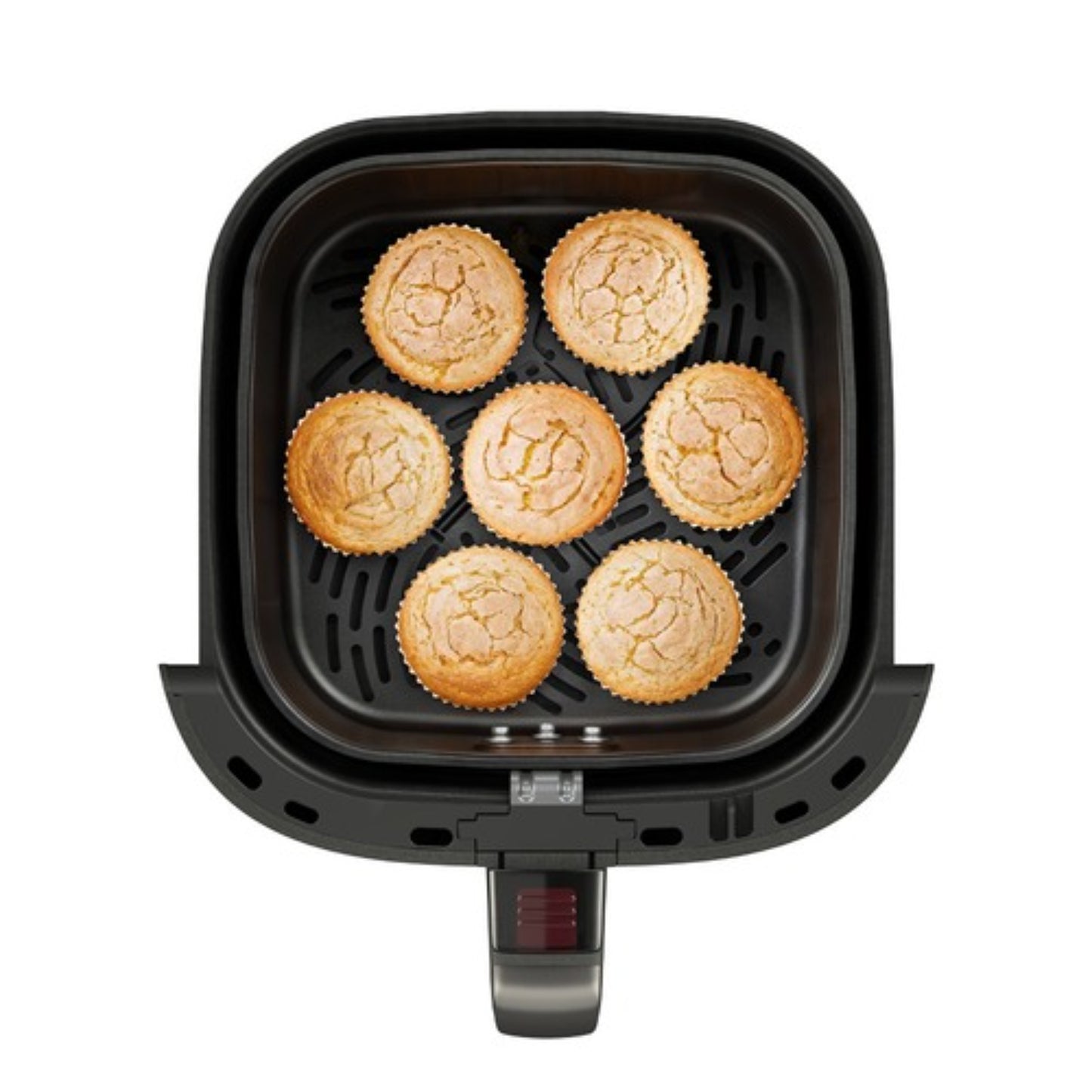 freidora de aire negra FAF45 con muffins dorados en la canasta