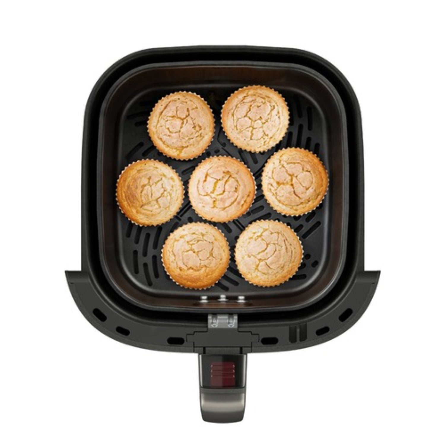 freidora de aire negra FAF45 con muffins dorados en la canasta