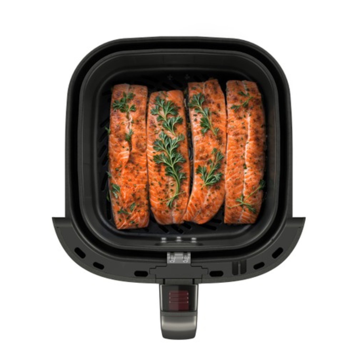 freidora de aire negra FAF45, vista superior con salmón asado y hierbas