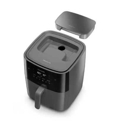 Freidora Frigidaire negra, vista superior y tapa removible