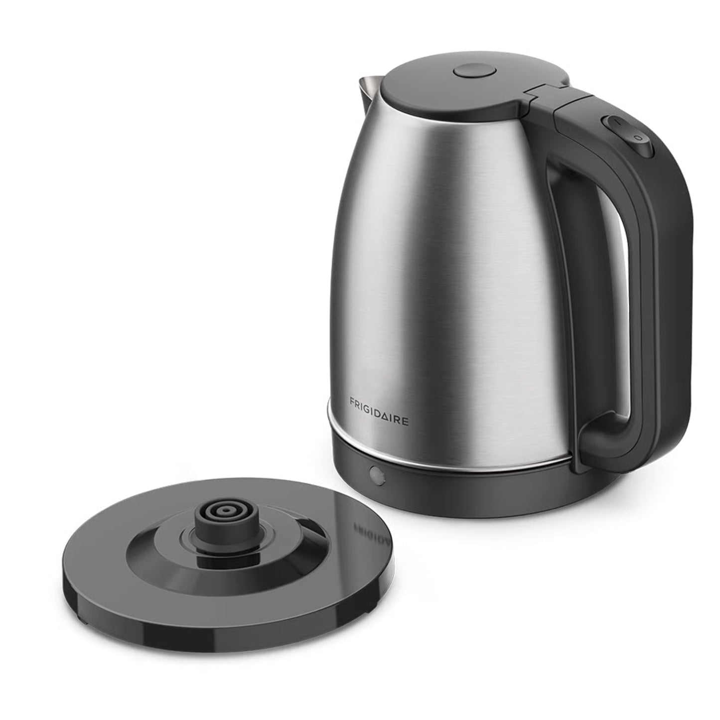 Hervidor de agua de acero inoxidable, modelo FRIGIDAIRE, vista lateral con tapa