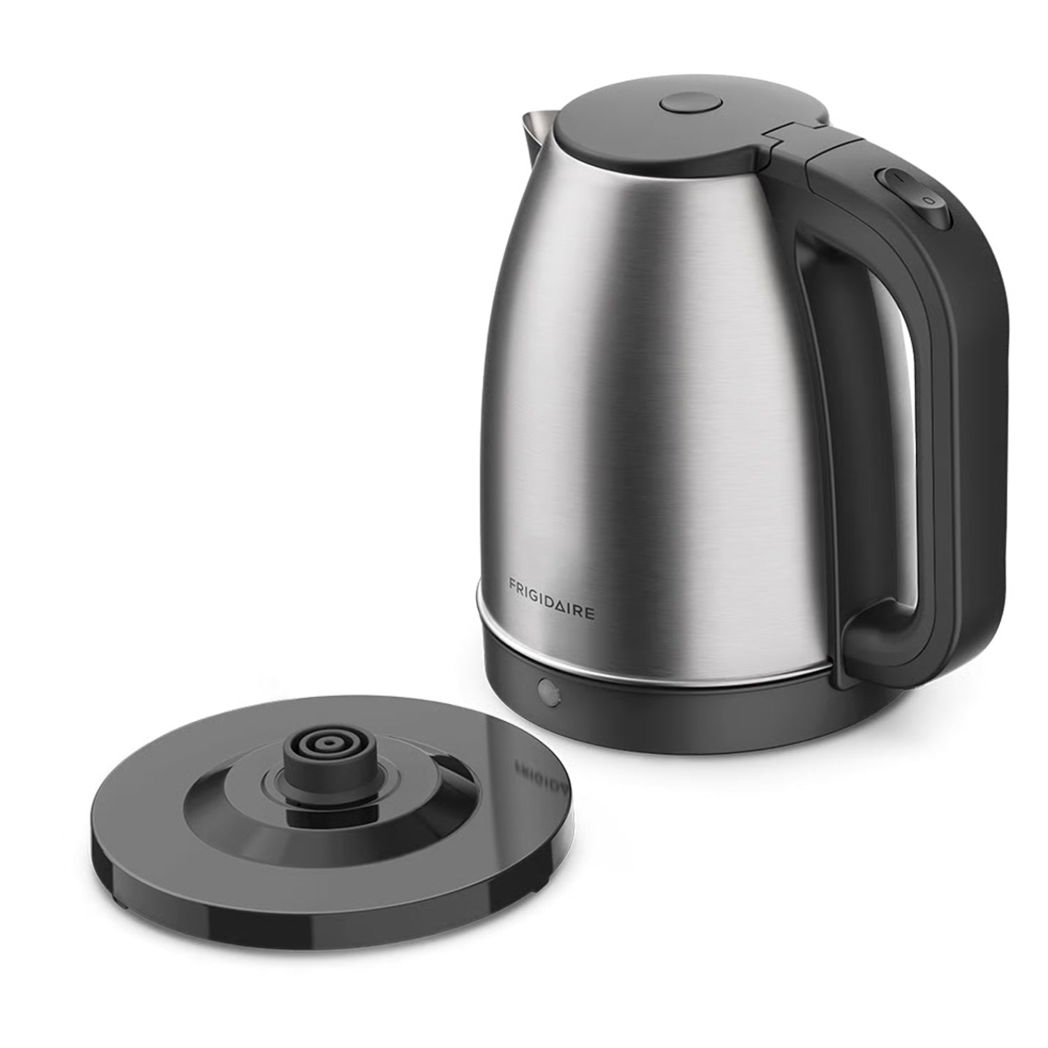 Hervidor de agua de acero inoxidable, modelo FRIGIDAIRE, vista lateral con tapa