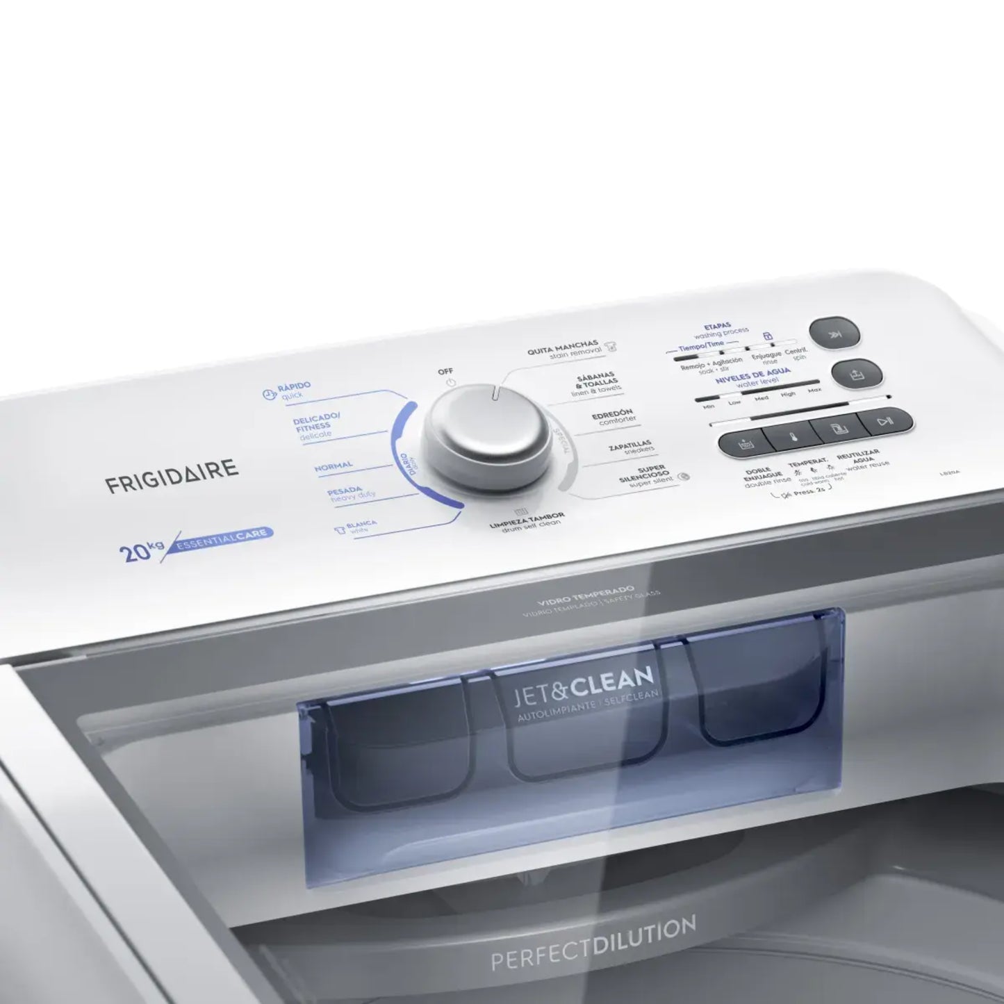 lavadora industrial Frigidaire vista superior con panel de controles