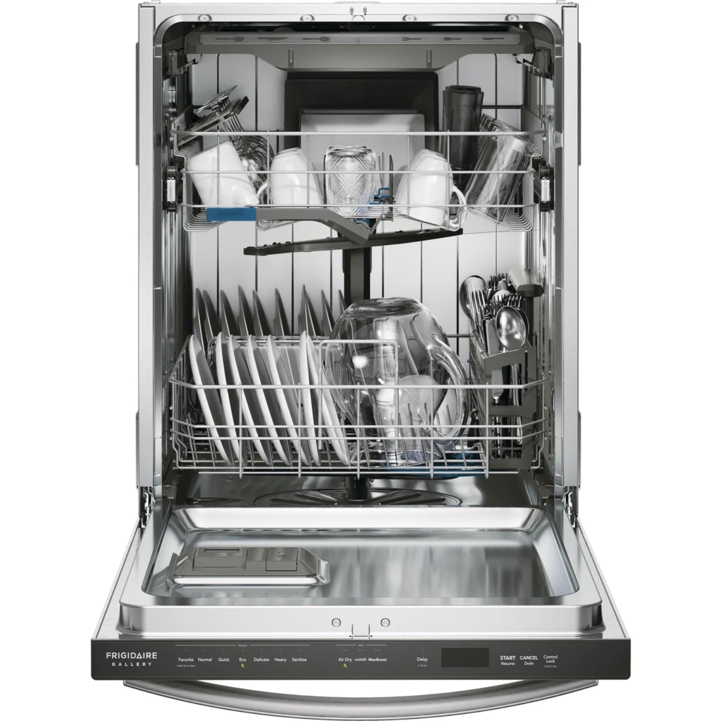 lavavajillas empotrable Frigidaire en acero inoxidable con vajilla organizada