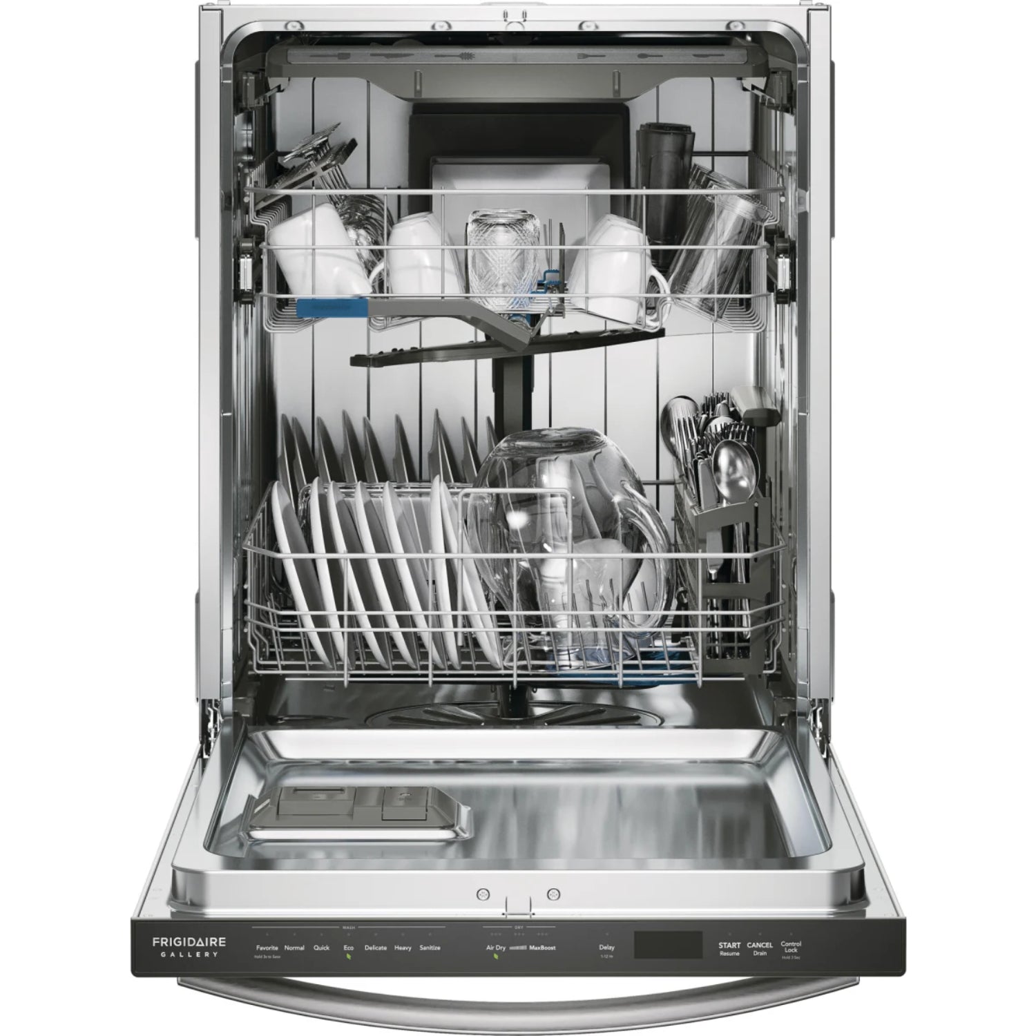 lavavajillas empotrable Frigidaire en acero inoxidable con vajilla organizada