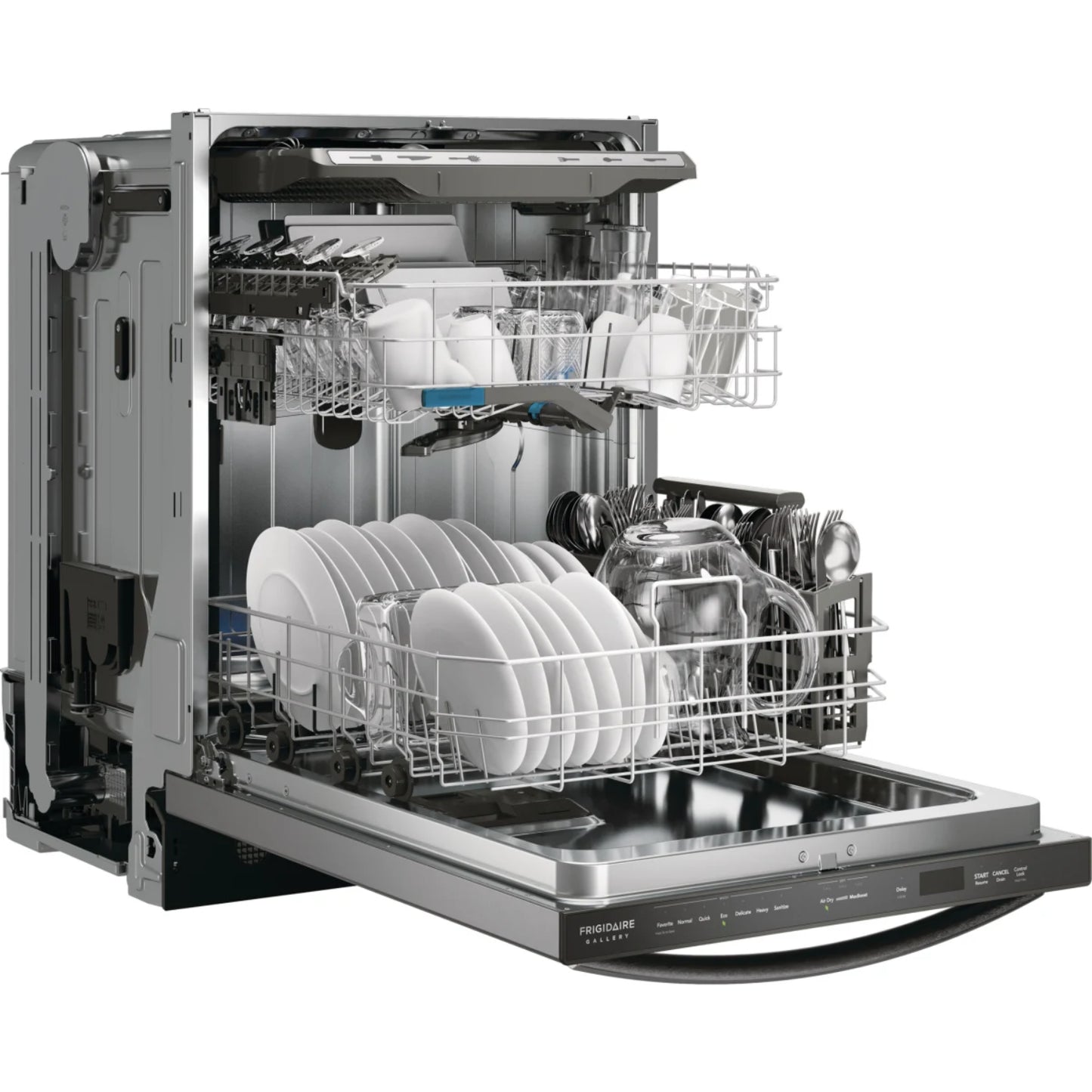 Lavavajillas empotrable Frigidaire acero inoxidable, vista interior con platos y utensilios.