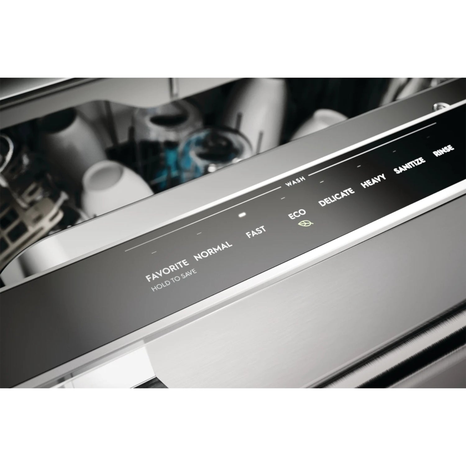 Panel de control del lavavajillas empotrable Frigidaire, funciones y opciones visibles