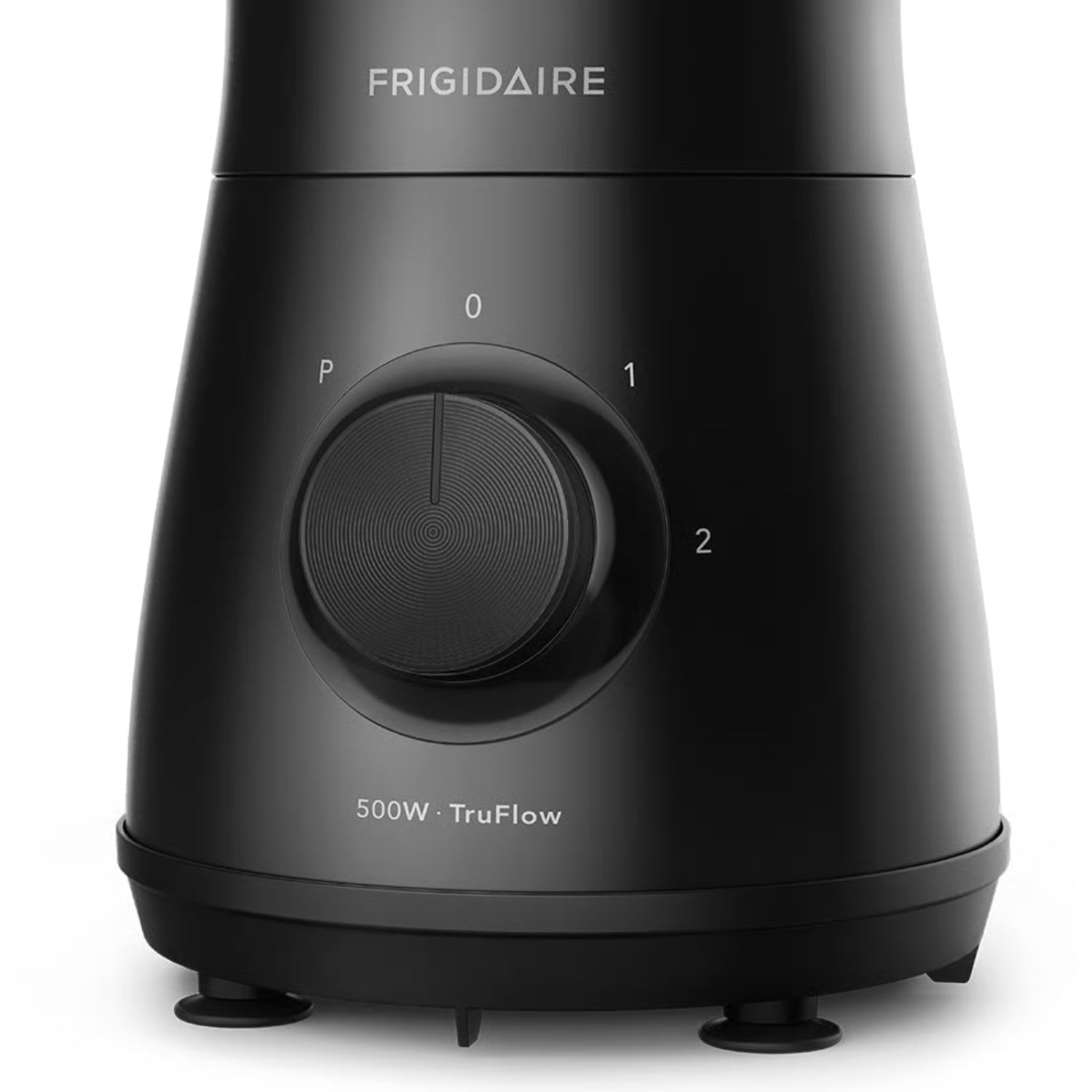 Licuadora negra 1.5 litros Frigidaire, vista frontal con controles y base antideslizante