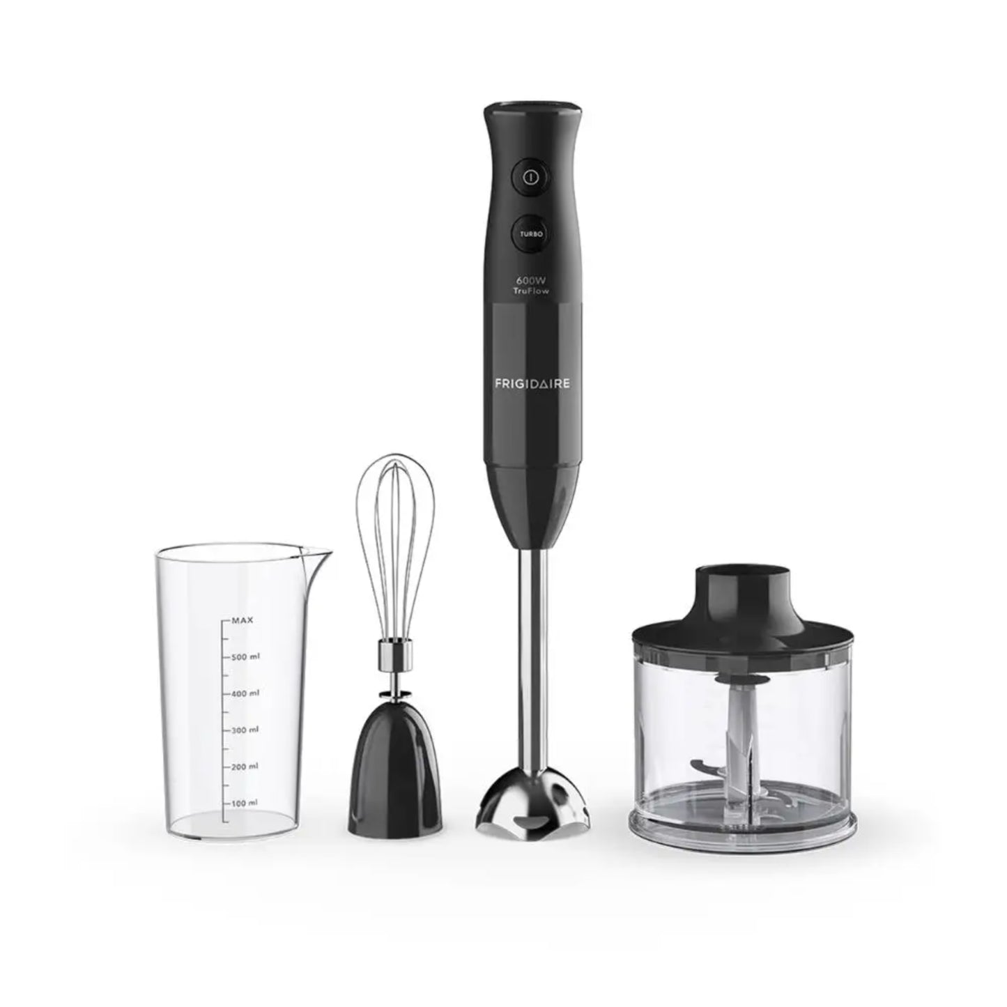 Licuadora Frigidaire negra con accesorios, vista frontal, cocina