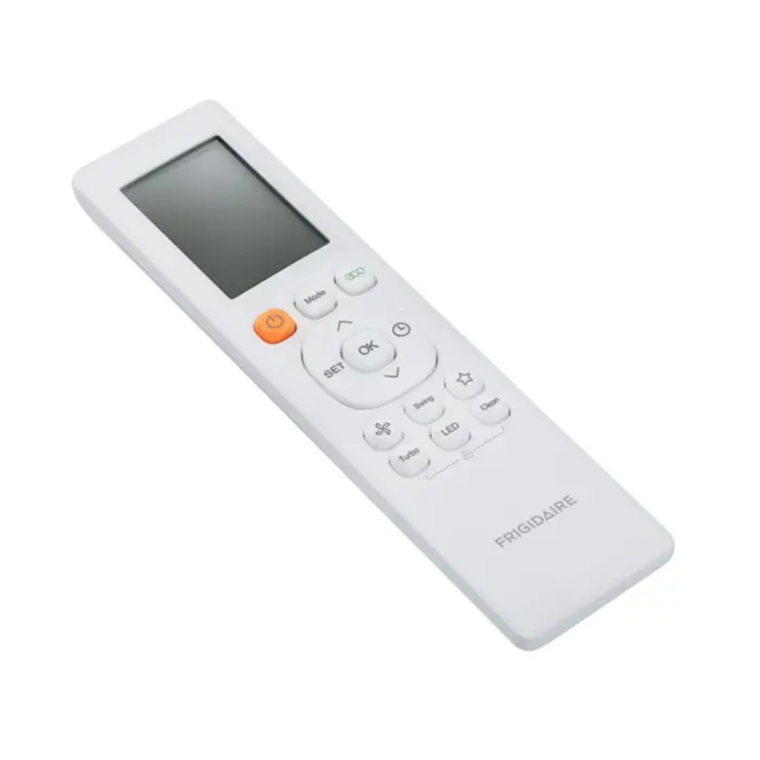 Control remoto blanco para aire acondicionado, vista frontal, compatible con modelos Frigidaire