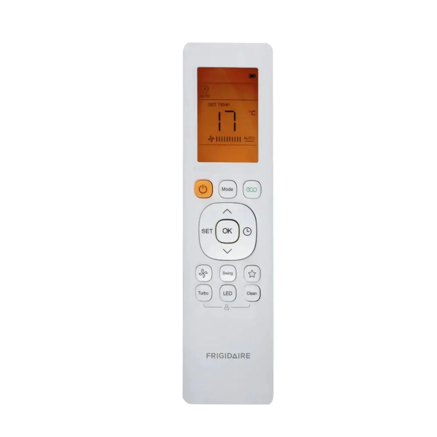 Control remoto blanco para Aire Acondicionado Frigidaire, vista frontal y pantalla iluminada