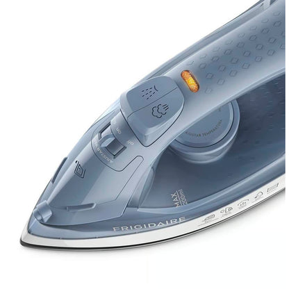 plancha a vapor Frigidaire 1200W azul, vista frontal, diseño ergonómico