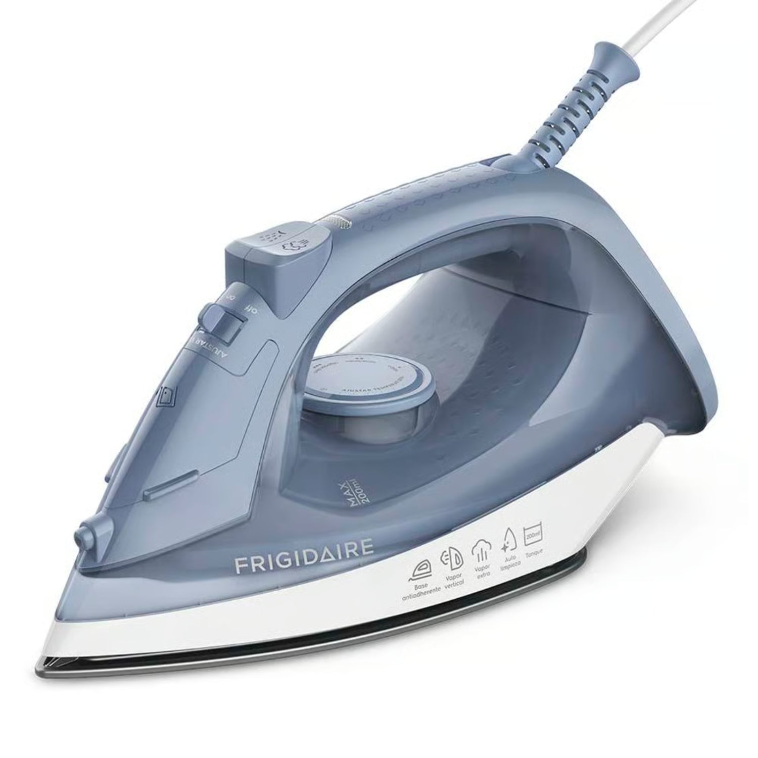 Plancha a vapor Frigidaire 1200W color azul vista lateral