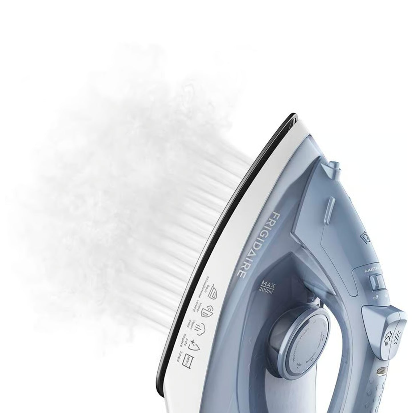 plancha a vapor Frigidaire 1200W azul, vista lateral con vapor activo
