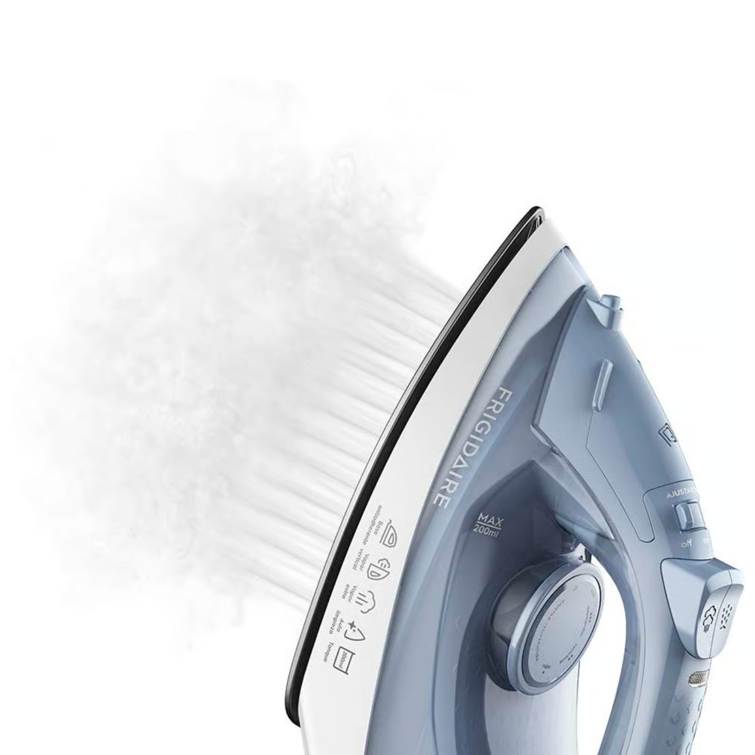 plancha a vapor Frigidaire 1200W azul, vista lateral con vapor activo