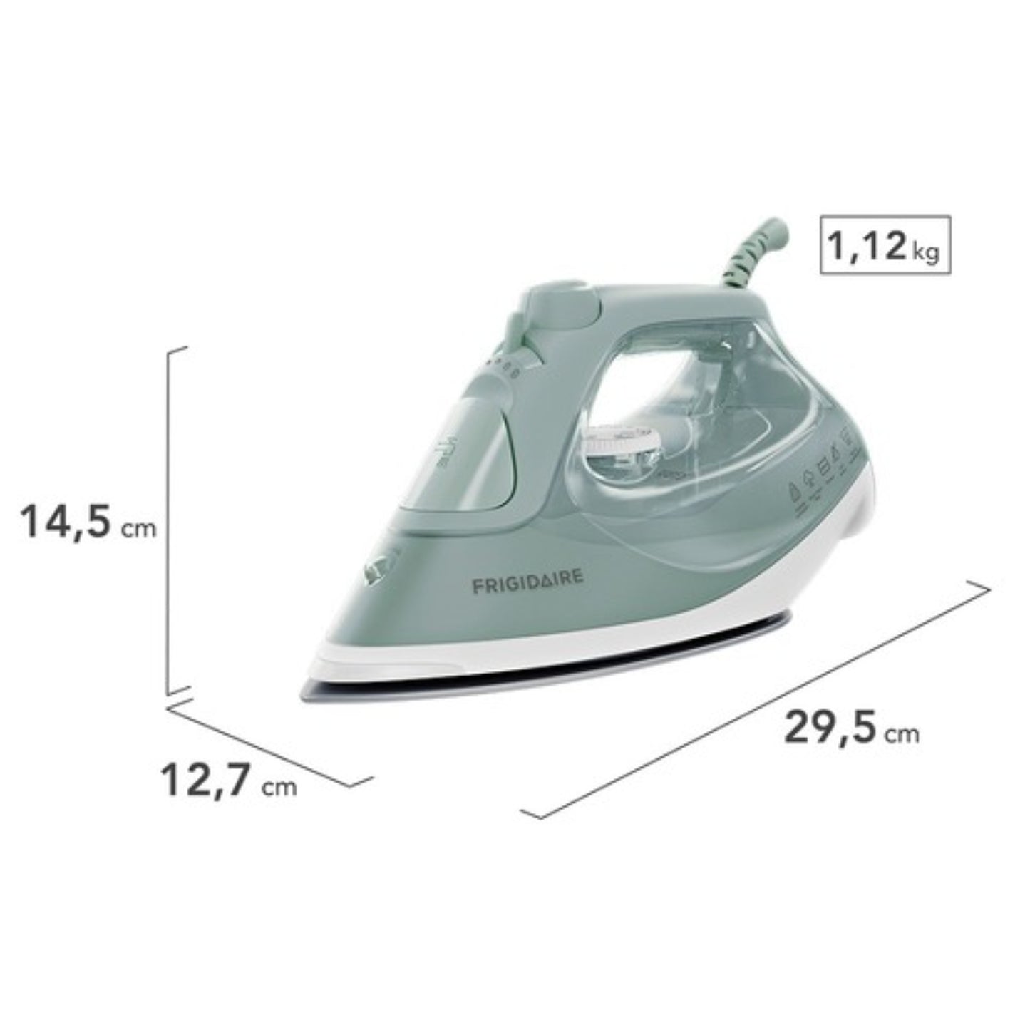 plancha a vapor 1200W color verde, vista frontal con especificaciones