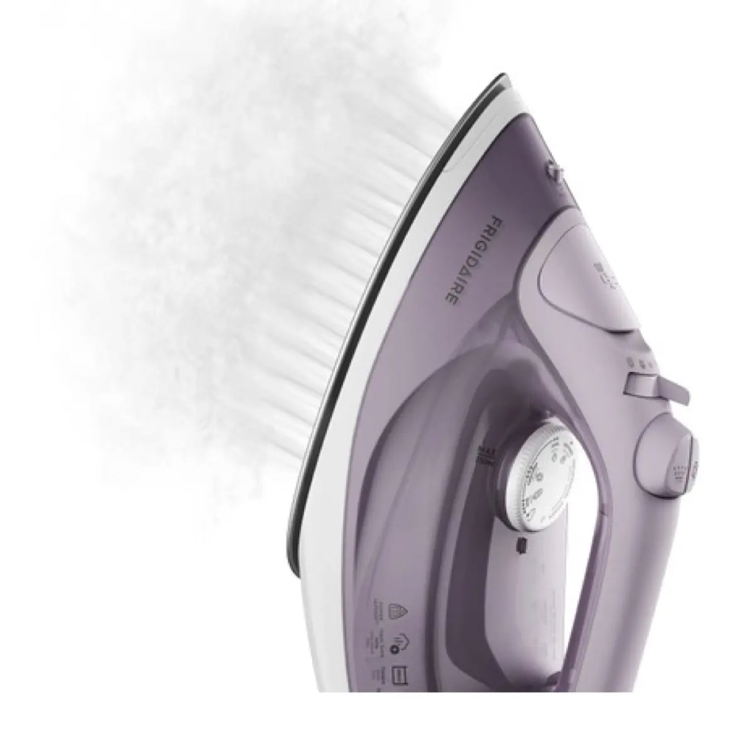 plancha a vapor Frigidaire FSI50 color morado y blanco, salida de vapor en acción