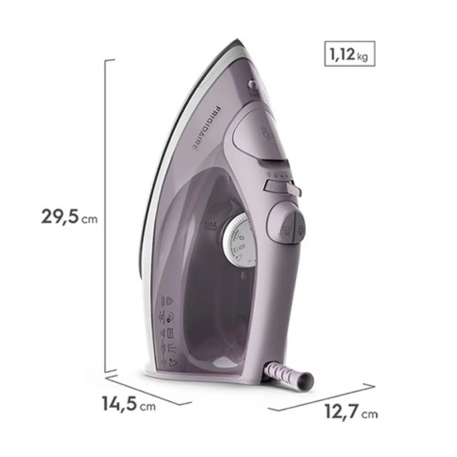 plancha a vapor Frigidaire FSI50 morada lateral con medidas