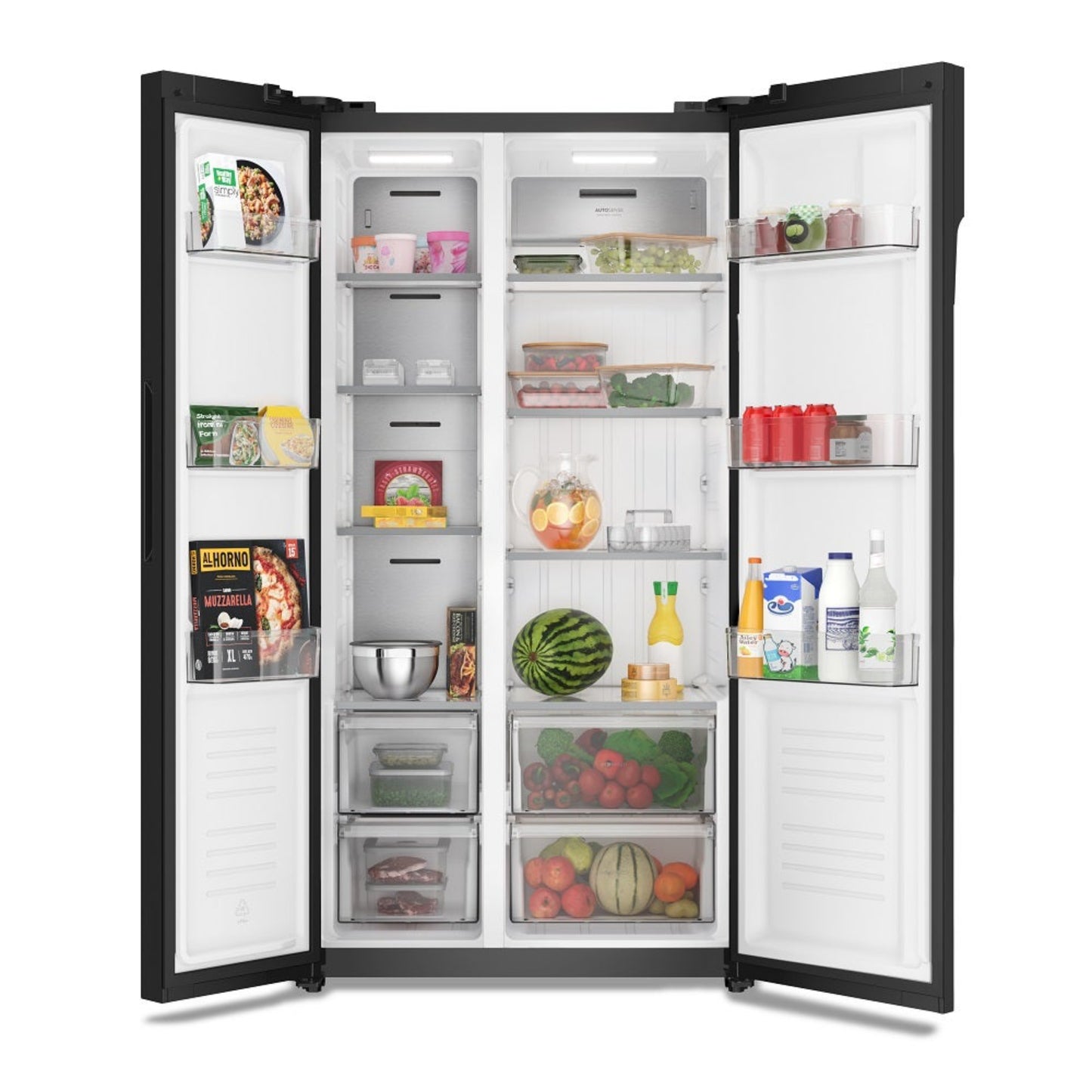 Refrigeradora side by side inverter Frigidaire con organización interna y compartimentos para alimentos frescos