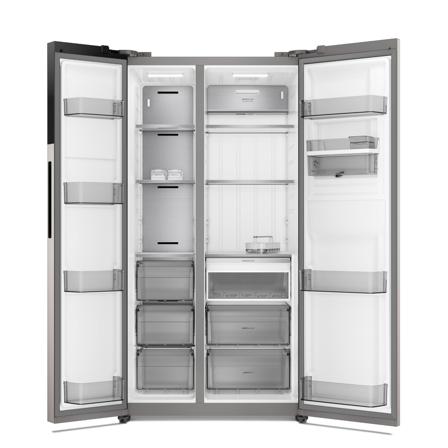 refrigeradora side by side inverter, color gris, vista frontal, interiores organizados