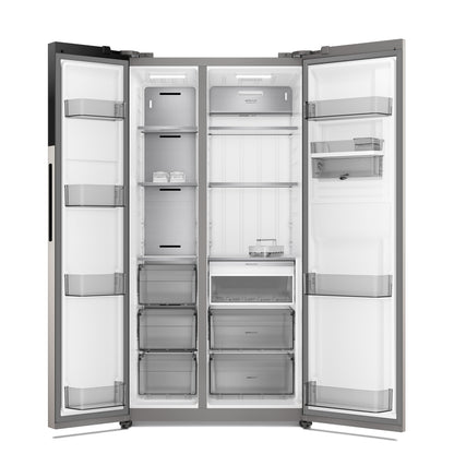 refrigeradora side by side inverter, color gris, vista frontal, interiores organizados