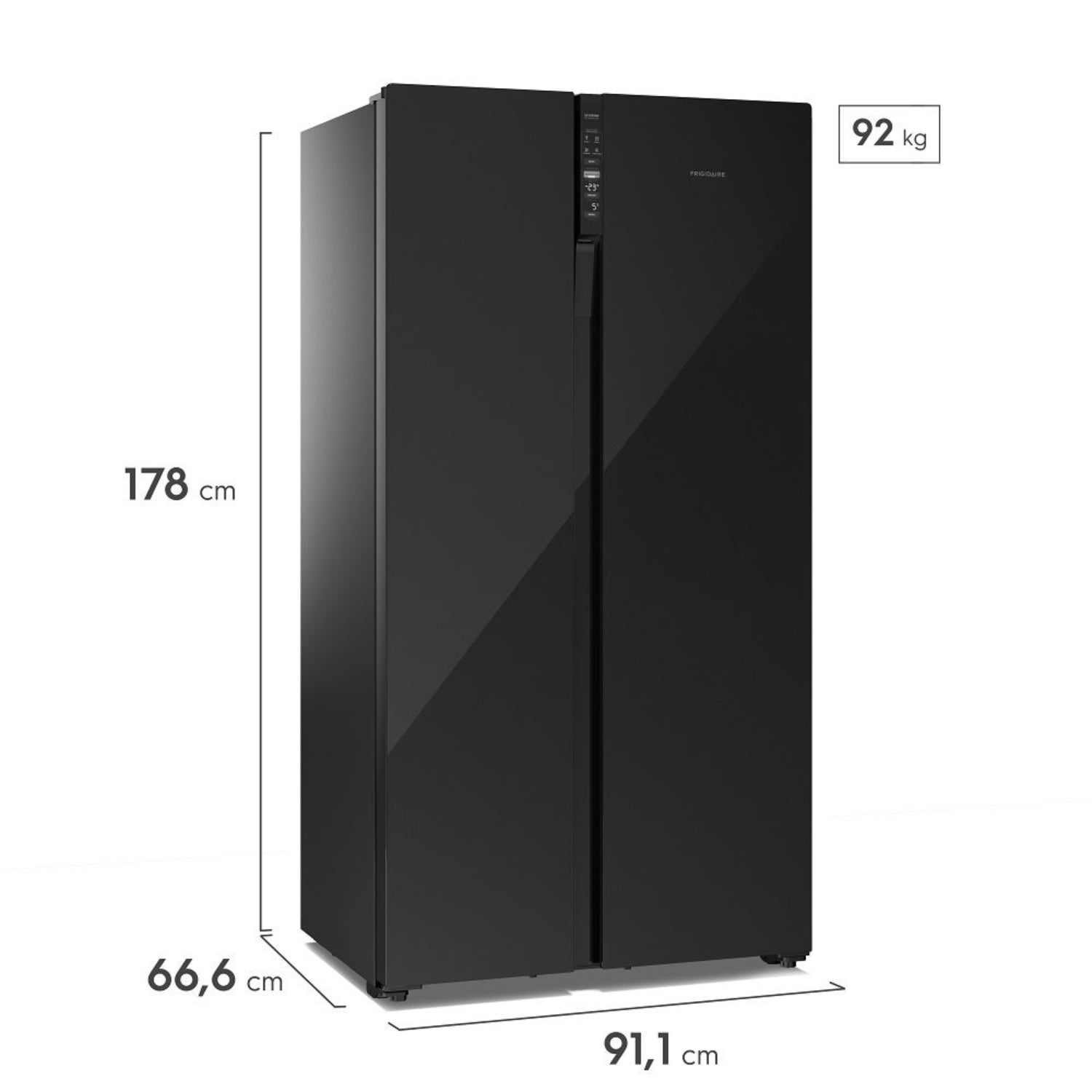 Refrigeradora side by side inverter Frigidaire en color negro con dimensiones de 178 cm de altura y 91,1 cm de ancho