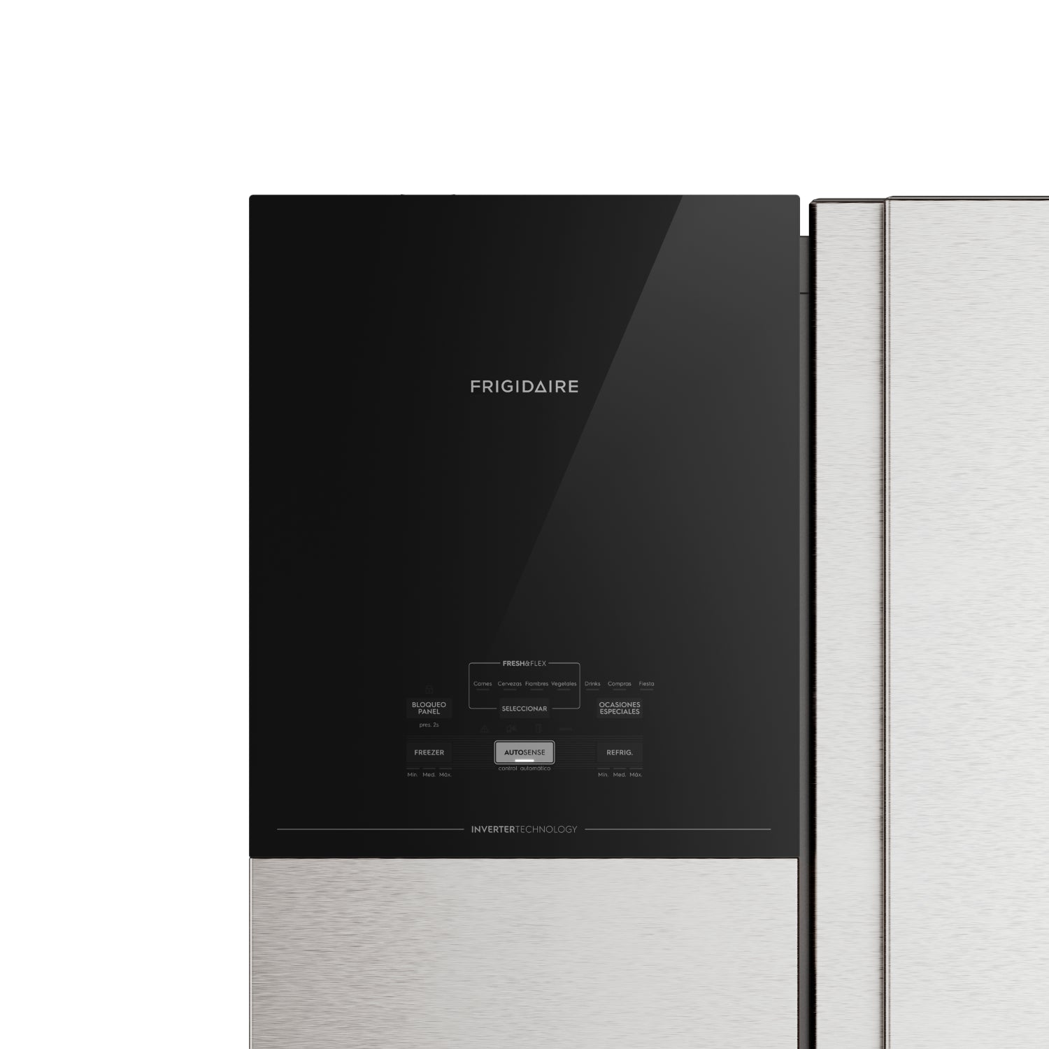 Refrigeradora side by side inverter Frigidaire, diseño moderno y elegante, vista frontal.