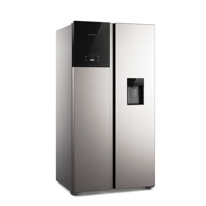Refrigeradora side by side inverter plateada, vista frontal, diseño moderno y elegante