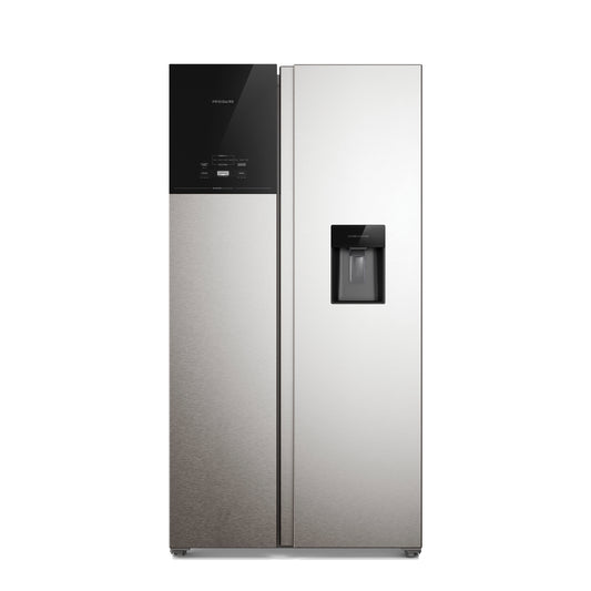 refrigeradora side by side inverter, acero inoxidable, vista frontal, cocina moderna